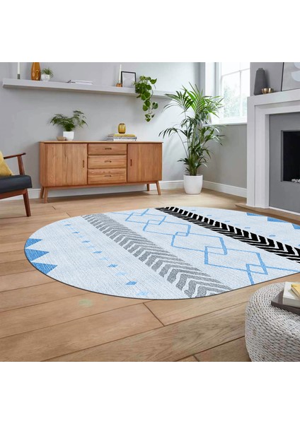 Dijital Baskılı Kaymaz Taban Yıkanabilir Oval Modern Yolluk Salon Halısı, V-O-Modern-75-Mavi, fiyatları