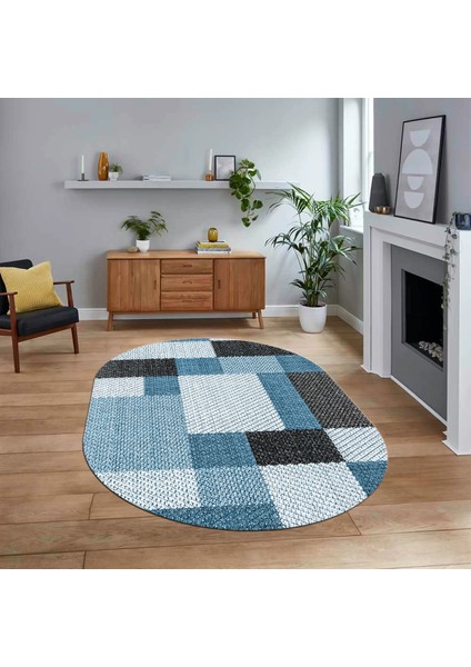 Dijital Baskılı Kaymaz Taban Yıkanabilir Oval Modern Yolluk Salon Halısı, V-O-Modern-77-Mavi,