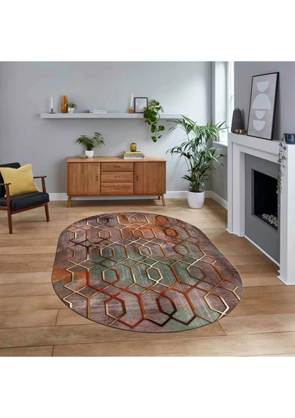 Dijital Baskılı Kaymaz Taban Yıkanabilir Oval Modern Yolluk Salon Halısı, V-O-Modern-90-Renkli,