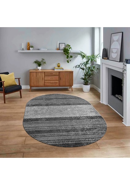 Dijital Baskılı Kaymaz Taban Yıkanabilir Oval Modern Yolluk Salon Halısı, V-O-Modern-83-Gri,