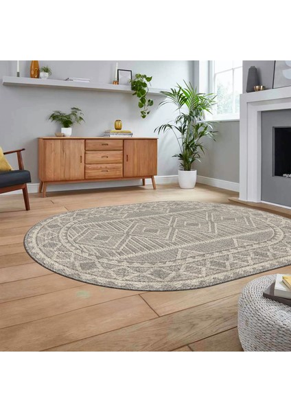 Dijital Baskılı Kaymaz Taban Yıkanabilir Oval Modern Yolluk Salon Halısı, V-O-MODERN-108-BEJ,