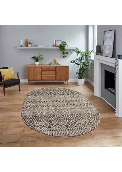 Dijital Baskılı Kaymaz Taban Yıkanabilir Oval Modern Yolluk Salon Halısı, V-O-Modern-86-Krem,