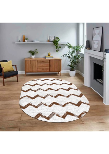 Dijital Baskılı Kaymaz Taban Yıkanabilir Oval Modern Yolluk Salon Halısı, V-O-Modern-71-Kahve,