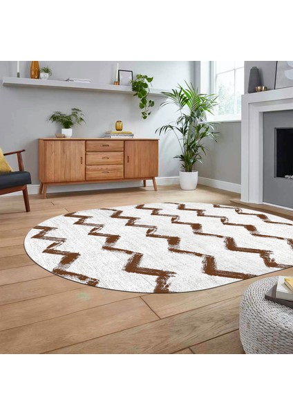 Dijital Baskılı Kaymaz Taban Yıkanabilir Oval Modern Yolluk Salon Halısı, V-O-Modern-71-Kahve,