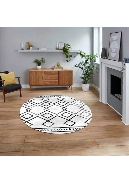 Dijital Baskılı Kaymaz Taban Yıkanabilir Yuvarlak Modern Mutfak Salon Halısı, V-Y-Modern-91-Siyah,
