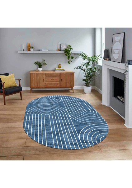Dijital Baskılı Kaymaz Taban Yıkanabilir Oval Modern Yolluk Salon Halısı, V-O-MODERN-110-MAVİ,