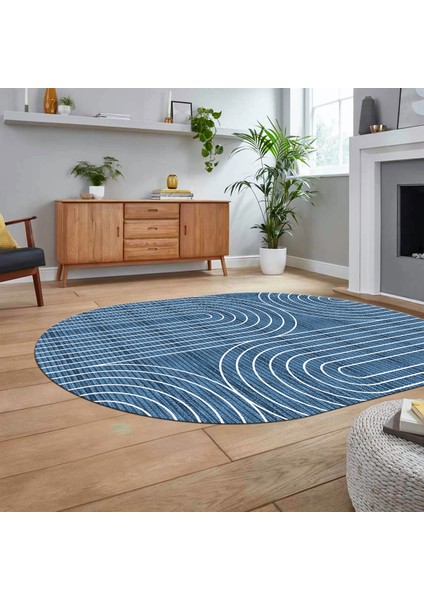 Dijital Baskılı Kaymaz Taban Yıkanabilir Oval Modern Yolluk Salon Halısı, V-O-MODERN-110-MAVİ, fiyatları