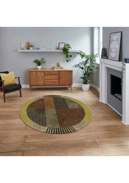 Dijital Baskılı Kaymaz Taban Yıkanabilir Yuvarlak Modern Mutfak Salon Halısı, V-Y-MODERN-107-KAHVE,