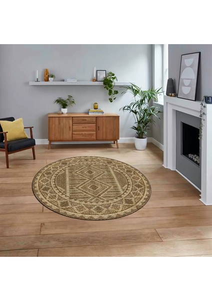 Dijital Baskılı Kaymaz Taban Yıkanabilir Yuvarlak Modern Mutfak Salon Halısı, V-Y-MODERN-108-KAHVE,