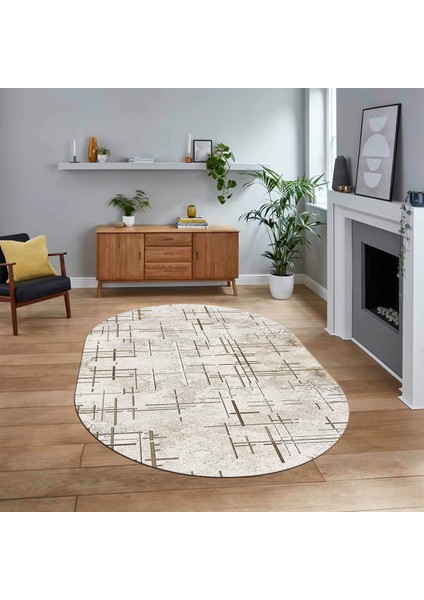 Dijital Baskılı Kaymaz Taban Yıkanabilir Oval Modern Yolluk Salon Halısı, V-O-Modern-89-Krem,