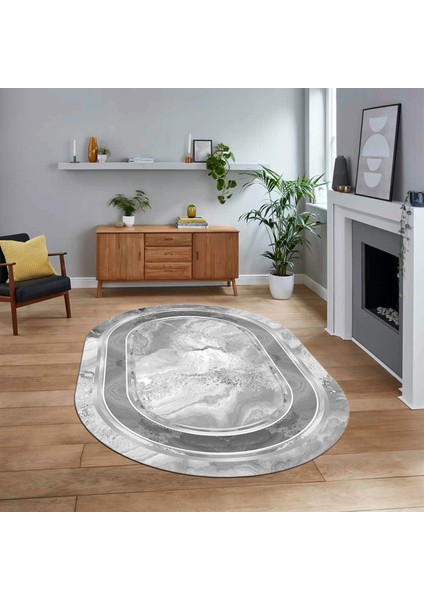 Dijital Baskılı Kaymaz Taban Yıkanabilir Oval Modern Yolluk Salon Halısı, V-O-Modern-46-Gümüş,