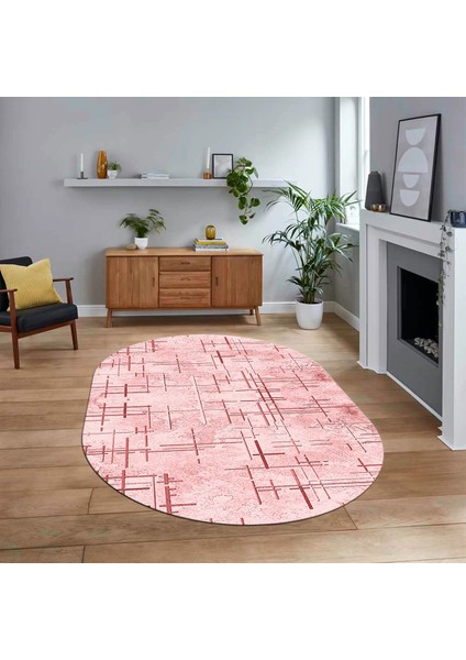 Dijital Baskılı Kaymaz Taban Yıkanabilir Oval Modern Yolluk Salon Halısı, V-O-Modern-89-Pembe,