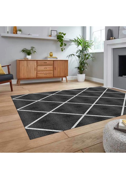 Dijital Baskılı Kaymaz Taban Yıkanabilir Modern Yolluk Mutfak Salon Halısı, V-MODERN-116-ANTRASİT,