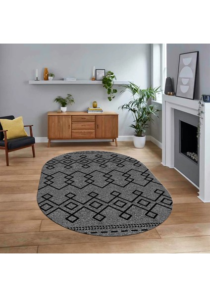 Dijital Baskılı Kaymaz Taban Yıkanabilir Oval Modern Yolluk Salon Halısı, V-O-Modern-87-Gri,