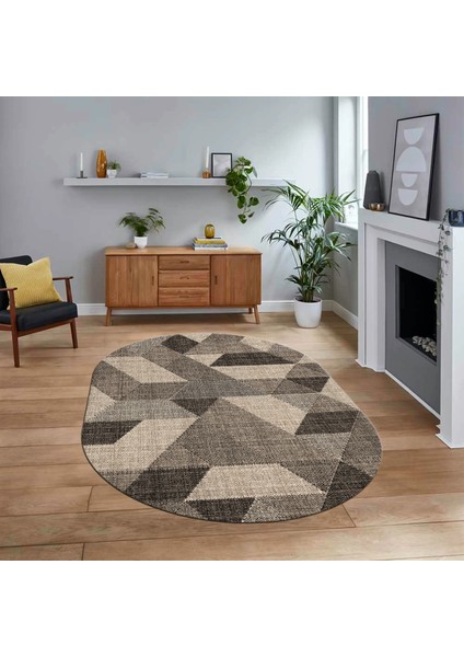 Dijital Baskılı Kaymaz Taban Yıkanabilir Oval Modern Yolluk Salon Halısı, V-O-Modern-96-Bej,