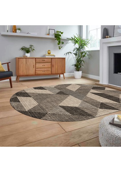 Dijital Baskılı Kaymaz Taban Yıkanabilir Oval Modern Yolluk Salon Halısı, V-O-Modern-96-Bej,