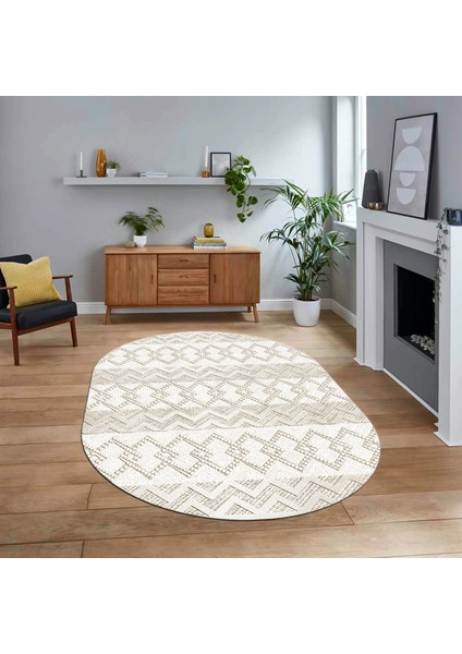 Dijital Baskılı Kaymaz Taban Yıkanabilir Oval Modern Yolluk Salon Halısı, V-O-Modern-56-Krem,
