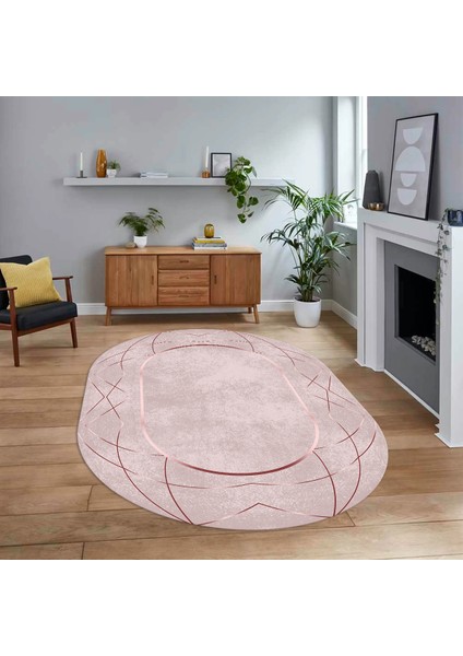 Dijital Baskılı Kaymaz Taban Yıkanabilir Oval Modern Yolluk Salon Halısı, V-O-Modern-62-Pembe,