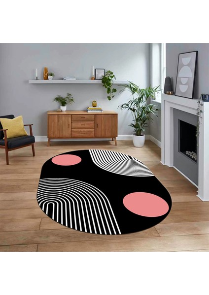 Dijital Baskılı Kaymaz Taban Yıkanabilir Oval Modern Yolluk Salon Halısı, V-O-Modern-52-Pembe,