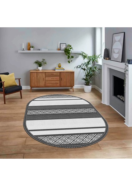 Dijital Baskılı Kaymaz Taban Yıkanabilir Oval Modern Yolluk Salon Halısı, V-O-Modern-18-Beyaz,