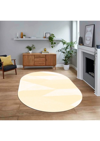 Dijital Baskılı Kaymaz Taban Yıkanabilir Oval Modern Yolluk Salon Halısı, V-O-Modern-54-Krem,