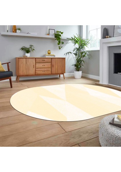Dijital Baskılı Kaymaz Taban Yıkanabilir Oval Modern Yolluk Salon Halısı, V-O-Modern-54-Krem,