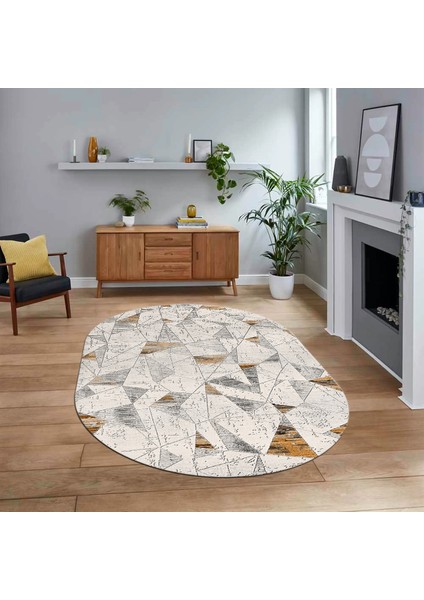 Dijital Baskılı Kaymaz Taban Yıkanabilir Oval Modern Yolluk Salon Halısı, V-O-Modern-82-Kahve,