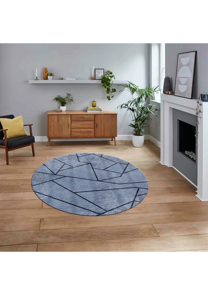 Dijital Baskılı Kaymaz Taban Yıkanabilir Yuvarlak Modern Mutfak Salon Halısı, V-Y-MODERN-117-MAVİ,