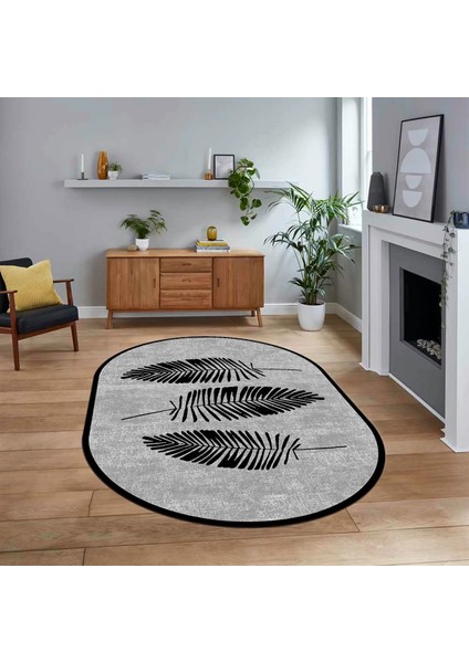 Dijital Baskılı Kaymaz Taban Yıkanabilir Oval Modern Yolluk Salon Halısı, V-O-Modern-41-Siyah,