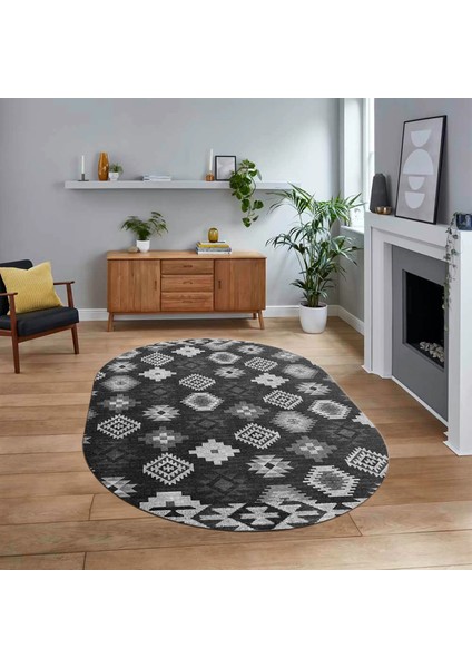 Dijital Baskılı Kaymaz Taban Yıkanabilir Oval Modern Yolluk Salon Halısı, V-O-Modern-99-Antrasit,