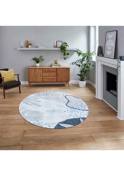 Dijital Baskılı Kaymaz Taban Yıkanabilir Yuvarlak Modern Mutfak Salon Halısı, V-Y-Modern-79-Mavi,