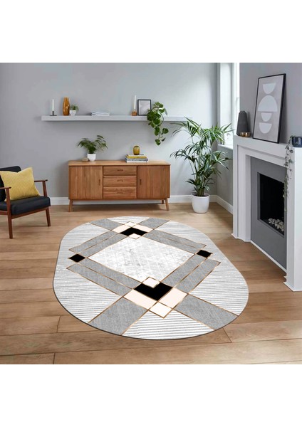 Dijital Baskılı Kaymaz Taban Yıkanabilir Oval Modern Yolluk Salon Halısı, V-O-Modern-12-Krem,