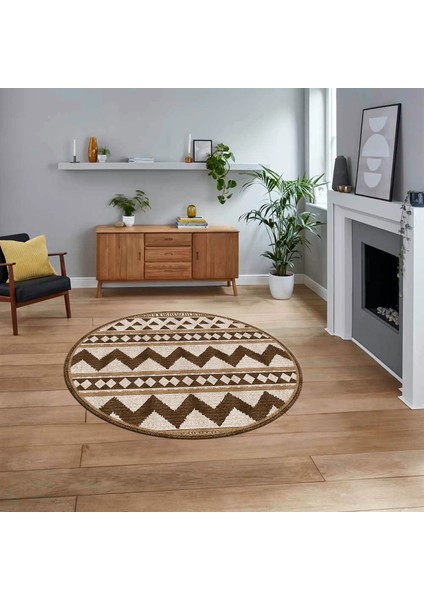 Dijital Baskılı Kaymaz Taban Yıkanabilir Yuvarlak Modern Mutfak Salon Halısı, V-Y-MODERN-105-KAHVE,