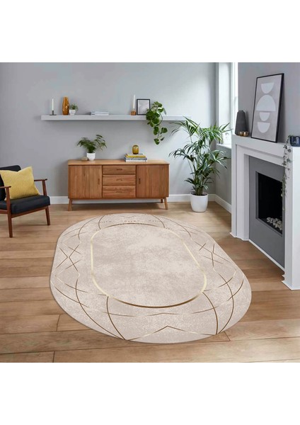Dijital Baskılı Kaymaz Taban Yıkanabilir Oval Modern Yolluk Salon Halısı, V-O-Modern-62-Bej,