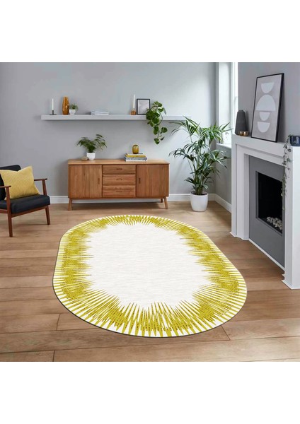 Dijital Baskılı Kaymaz Taban Yıkanabilir Oval Modern Yolluk Salon Halısı, V-O-Modern-48-Sarı,