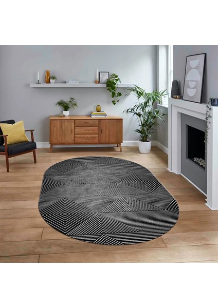 Dijital Baskılı Kaymaz Taban Yıkanabilir Oval Modern Yolluk Salon Halısı, V-O-MODERN-111-ANTRASİT,