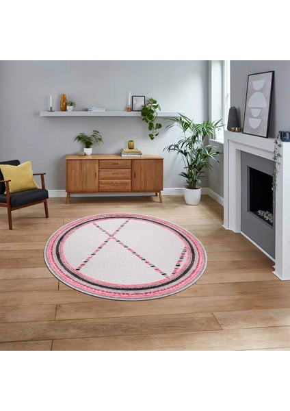 Dijital Baskılı Kaymaz Taban Yıkanabilir Yuvarlak Modern Mutfak Salon Halısı, V-Y-Modern-76-Pembe,