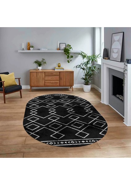 Dijital Baskılı Kaymaz Taban Yıkanabilir Oval Modern Yolluk Salon Halısı, V-O-Modern-91-Antrasit,