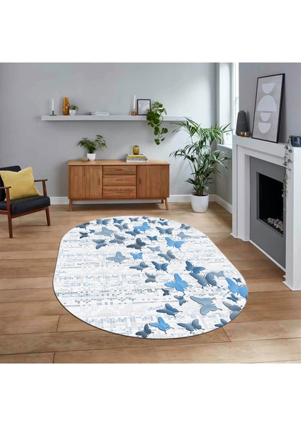 Dijital Baskılı Kaymaz Taban Yıkanabilir Oval Modern Yolluk Salon Halısı, V-O-Modern-42-Mavi,
