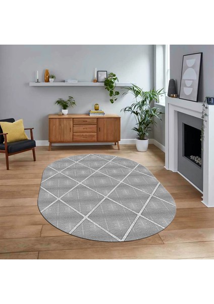 Dijital Baskılı Kaymaz Taban Yıkanabilir Oval Modern Yolluk Salon Halısı, V-O-MODERN-116-GRİ,