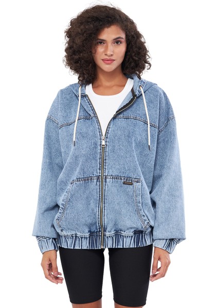 Mesfeno Fermuarlı Kapşonlu Denim Kumaş Kadın Sweatshirt, Oversize Kesim, Pamuk, Kanguru Cepli, Ip Detaylı Kapşon, Beli Lastikli