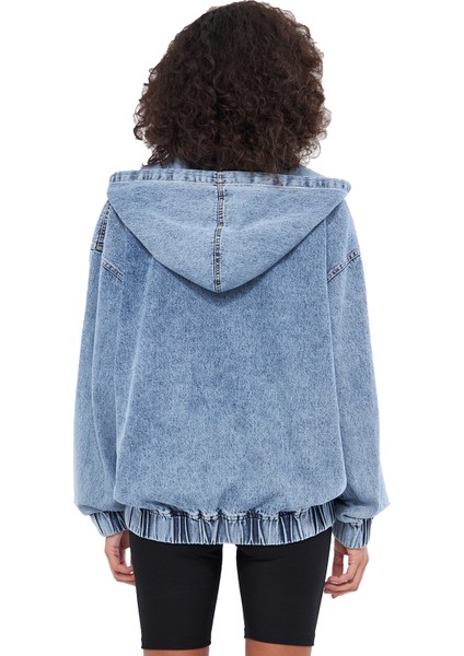 Mesfeno Fermuarlı Kapşonlu Denim Kumaş Kadın Sweatshirt, Oversize Kesim, Pamuk, Kanguru Cepli, Ip Detaylı Kapşon, Beli Lastikli fiyatları