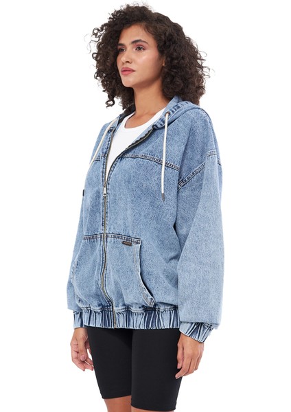 Mesfeno Fermuarlı Kapşonlu Denim Kumaş Kadın Sweatshirt, Oversize Kesim, Pamuk, Kanguru Cepli, Ip Detaylı Kapşon, Beli Lastikli modelleri