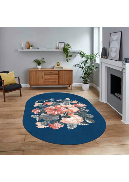 Dijital Baskılı Kaymaz Taban Yıkanabilir Oval Modern Yolluk Salon Halısı, V-O-Modern-35-Mavi,