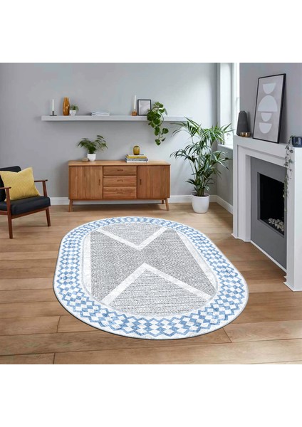 Dijital Baskılı Kaymaz Taban Yıkanabilir Oval Modern Yolluk Salon Halısı, V-O-Modern-07-Mavi,