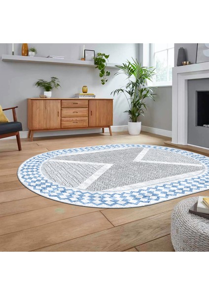 Dijital Baskılı Kaymaz Taban Yıkanabilir Oval Modern Yolluk Salon Halısı, V-O-Modern-07-Mavi, fiyatları