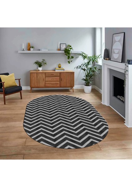 Dijital Baskılı Kaymaz Taban Yıkanabilir Oval Modern Yolluk Salon Halısı, V-O-MODERN-102-ANTRASİT,