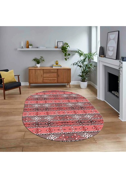 Dijital Baskılı Kaymaz Taban Yıkanabilir Oval Modern Yolluk Salon Halısı, V-O-Modern-19-Pembe,