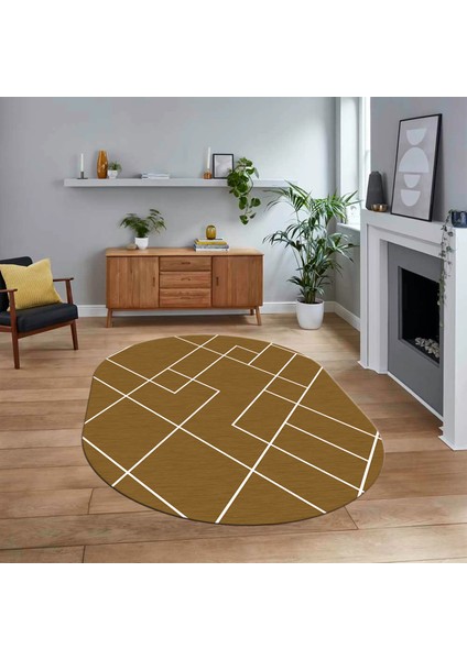 Dijital Baskılı Kaymaz Taban Yıkanabilir Oval Modern Yolluk Salon Halısı, V-O-Modern-58-Kahve,