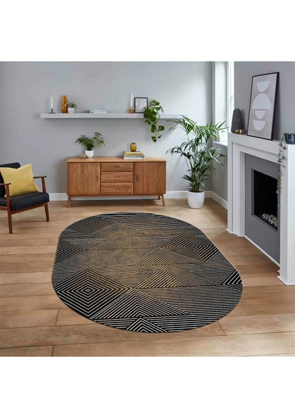 Dijital Baskılı Kaymaz Taban Yıkanabilir Oval Modern Yolluk Salon Halısı, V-O-MODERN-111-KAHVE,